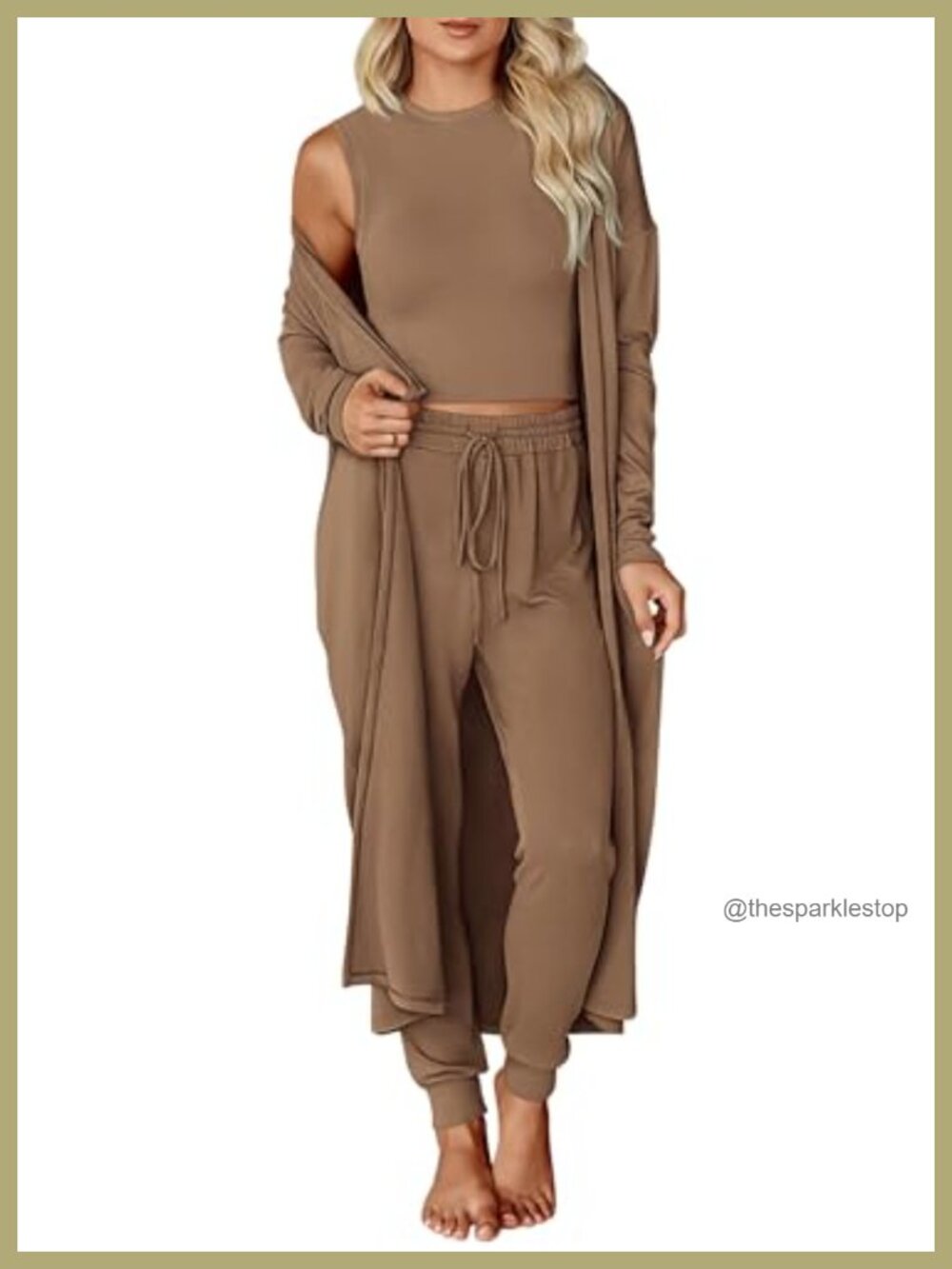 3 Piece Lounge Set Crewneck Crop Top Cardigan Jogger Pants Travel Set